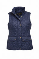 Women's navy quilted gilet, zip front with gold buttons and patch pockets; front view