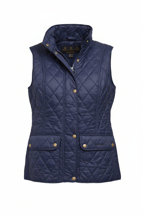 Women's navy quilted gilet, zip front with gold buttons and patch pockets; front view