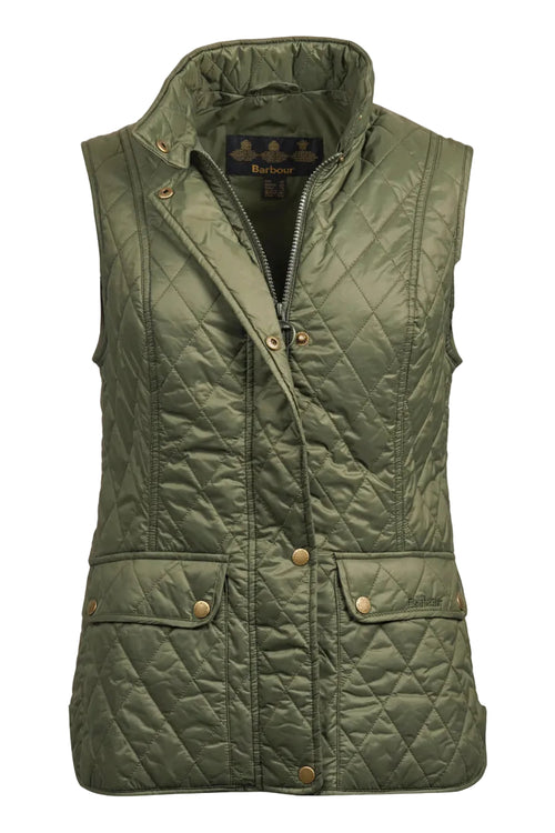 Olive quilted Barbour gilet with zip front and snap button placket, front view.