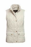 Women's quilted gilet with hood, snap front, and side flap pockets.