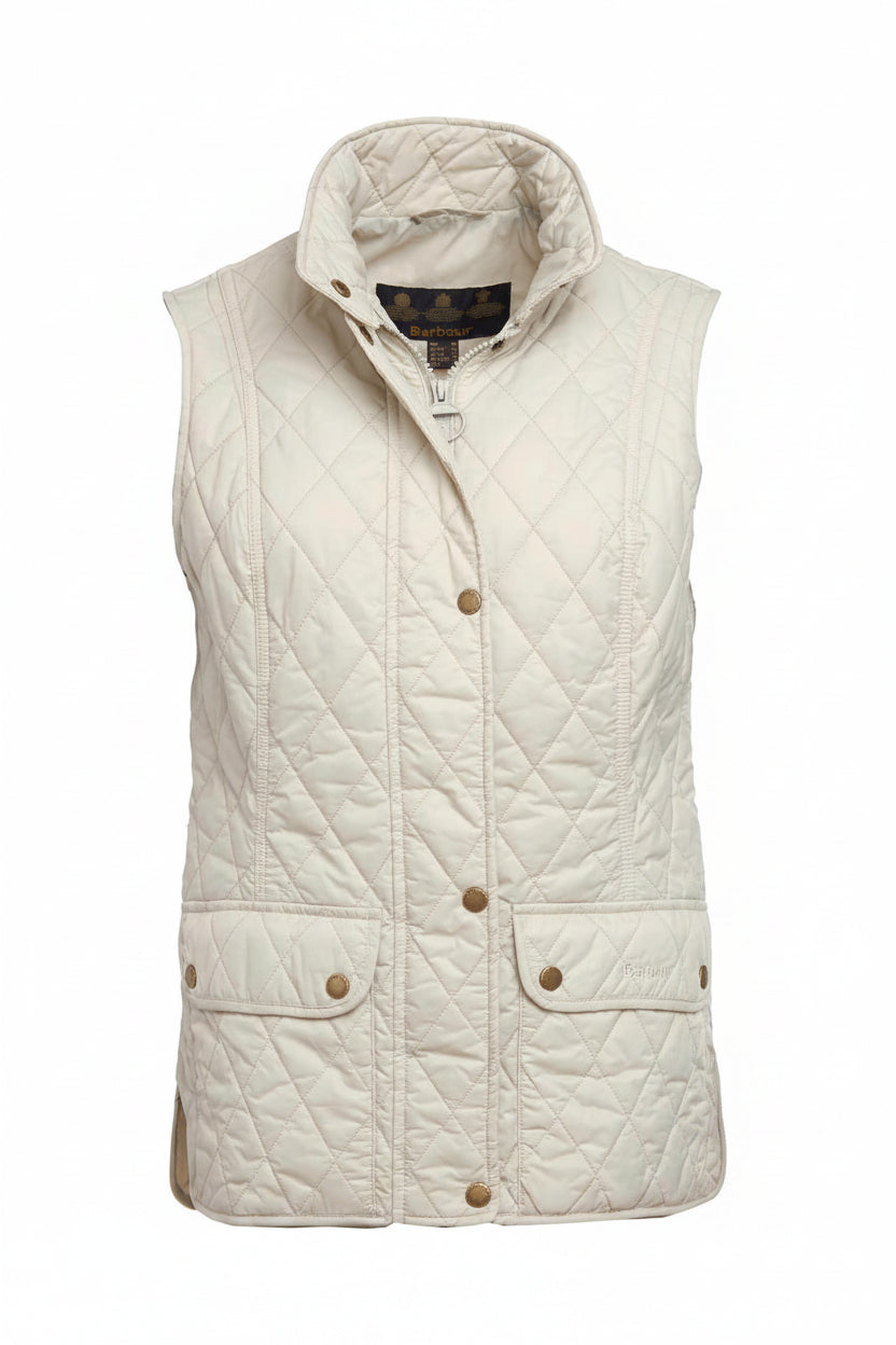 Women's quilted gilet with hood, snap front, and side flap pockets.