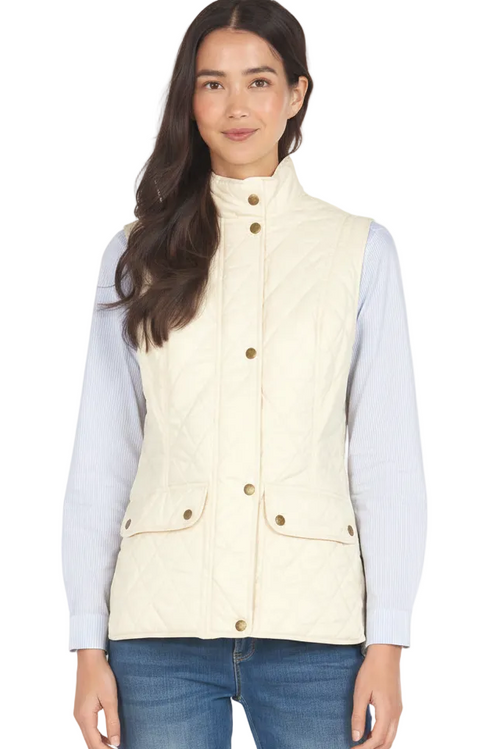 Women's quilted gilet vest with two front patch pockets and brass snap closure