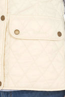 Quilted gilet front with flap chest pocket, brass snap buttons, diamond stitching