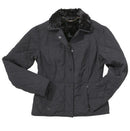 Black quilted women's jacket with button front and faux-fur collar