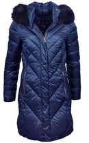 Women’s quilted padded jacket, dark navy, fur-trim hood, front zip and lining detail