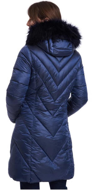 Women’s quilted padded coat, dark navy, long back view with hood fur trim