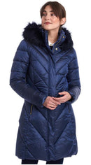 Women’s quilted padded jacket, dark navy, fur-trim hood, front view with button placket