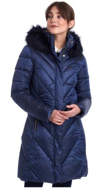Women’s quilted padded jacket, dark navy, fur-trim hood, front zip with gold buttons