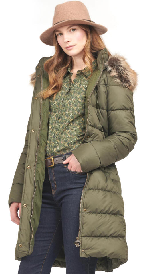 Barbour quilt jacket with fur-trim hood, olive, side pocket and buttons