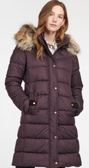 Purple quilt jacket with gold-tone buttons, corduroy collar tabs, and faux-fur hood