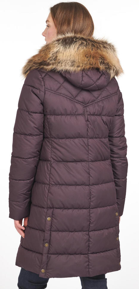 Purple quilt jacket with long length and brown faux-fur trimmed hood