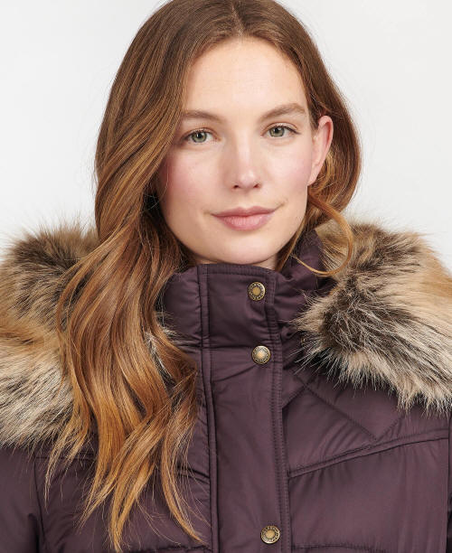 Purple quilt jacket hood with brown faux-fur trim and gold-tone button details