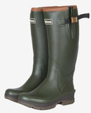 Olive green Barbour wellington boots with tan top strap, side logo patch, rubber finish