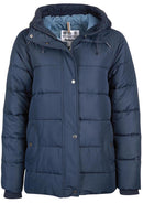 Navy quilt jacket front view with hood, center button placket, and ribbed sleeve cuffs