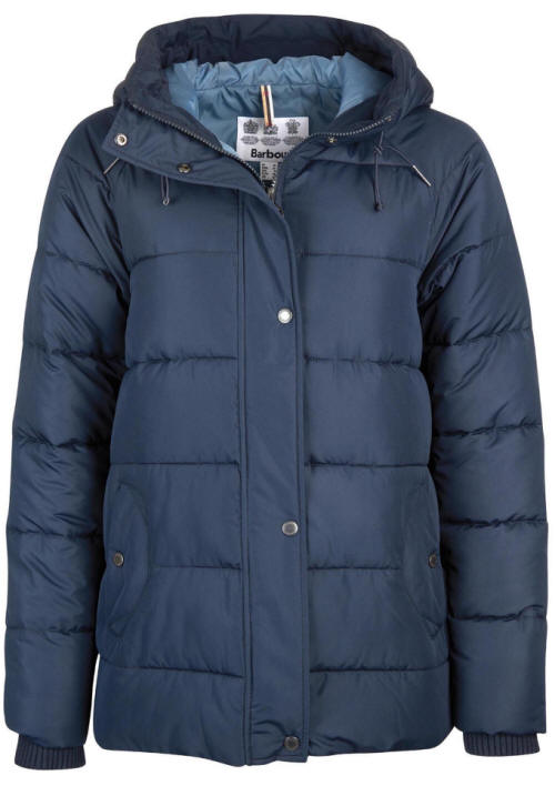 Navy quilt jacket front view with hood, center button placket, and ribbed sleeve cuffs