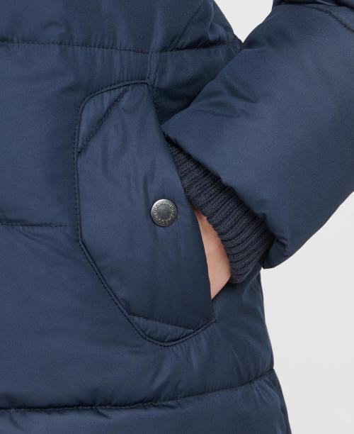 Navy quilted jacket with snap button pocket, contrast stitching, and ribbed cuff lining