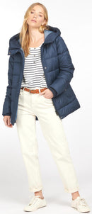 Navy hooded quilt jacket with front zip, snap buttons, and ribbed cuffs