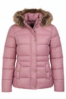 Rose pink quilted padded jacket with fur-trimmed hood and green button details