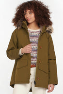 Women’s waterproof hooded jacket with faux fur trim, pockets and button front, nori green