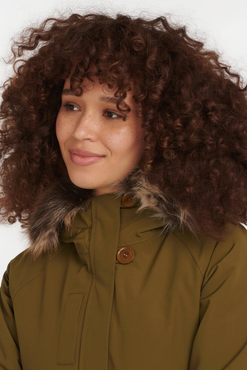 Women’s waterproof jacket collar with faux fur trim and button closure, nori green