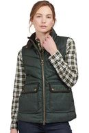 Barbour quilted gilet, dark olive with plaid sleeve layers, zip front and front pockets.