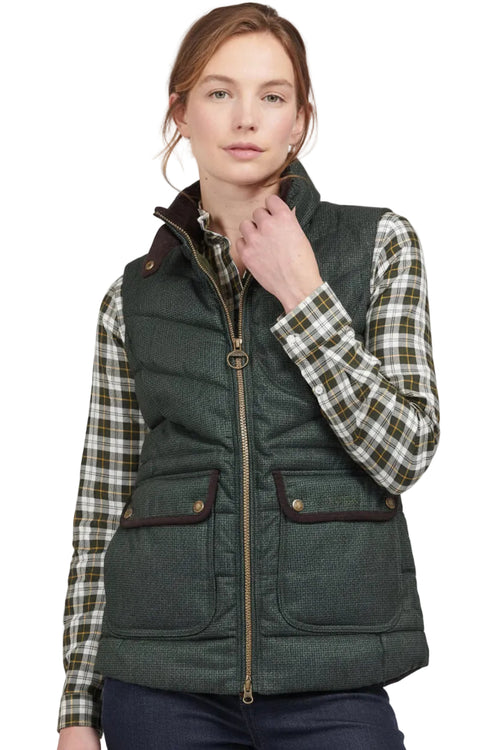 Barbour quilted gilet, dark olive with plaid sleeve layers, zip front and front pockets.