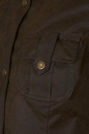 Olive wax jacket close-up of chest patch pockets with Barbour crest button