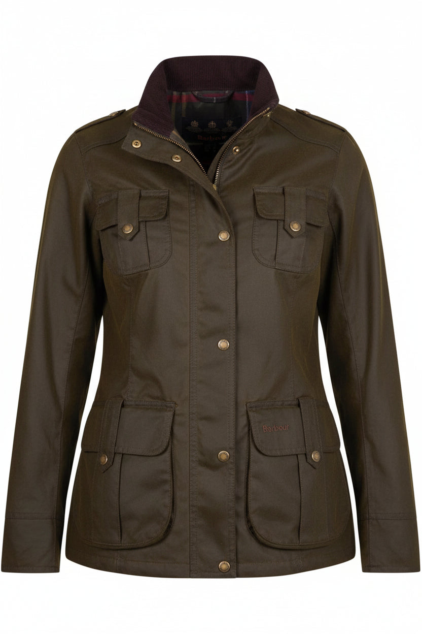 Women’s olive wax jacket with stand collar, button placket, and two chest pockets