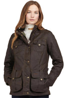 Women's wax jacket in dark brown with snap pockets and button front, Barbour