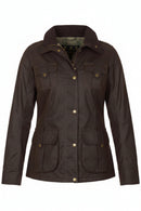 Women's dark brown Barbour wax jacket, front view with flap pockets and buttons