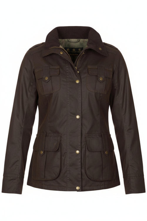 Women's dark brown Barbour wax jacket, front view with flap pockets and buttons