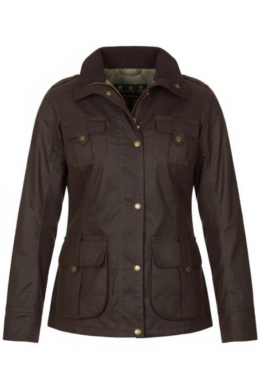 Women's dark brown Barbour wax jacket, front view with flap pockets and buttons