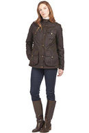 Women's Barbour wax jacket, dark brown, with four front pockets and button closure