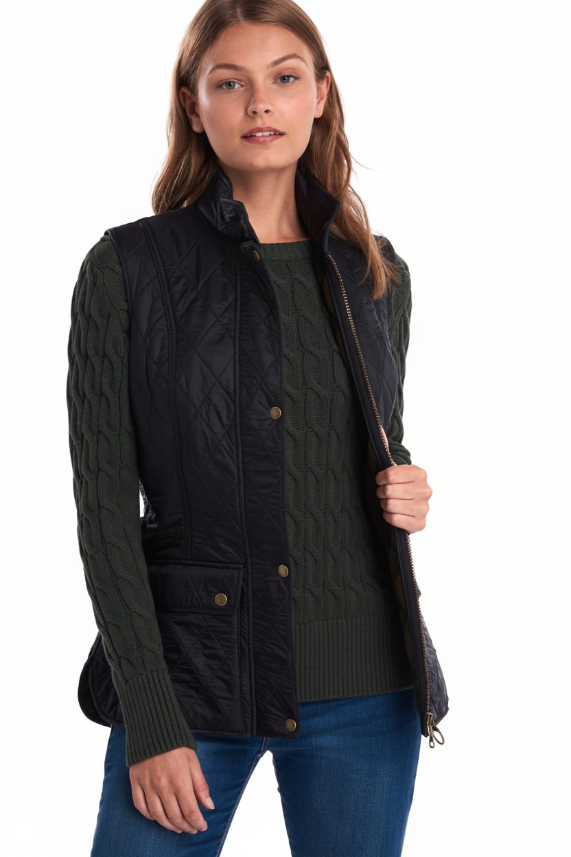 Barbour quilted sleeveless gilet in black, button front with side pockets