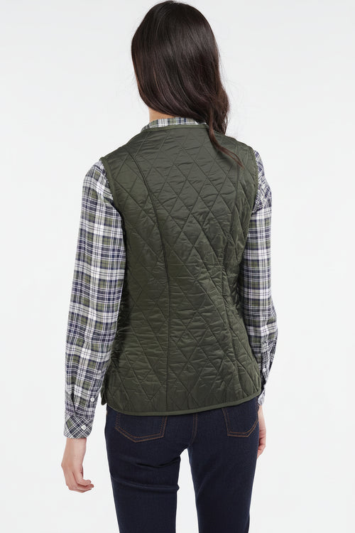 Dark olive quilted fleece vest from behind, sleeveless with diamond stitch pattern