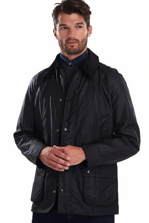 Men's Barbour Ashby wax jacket, black, stand collar, button front, patch pockets