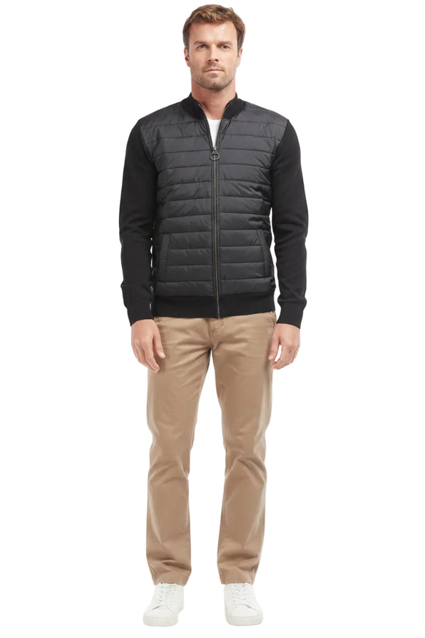 Barbour quilted zip-through sweater in black with ribbed knit cuffs and hem