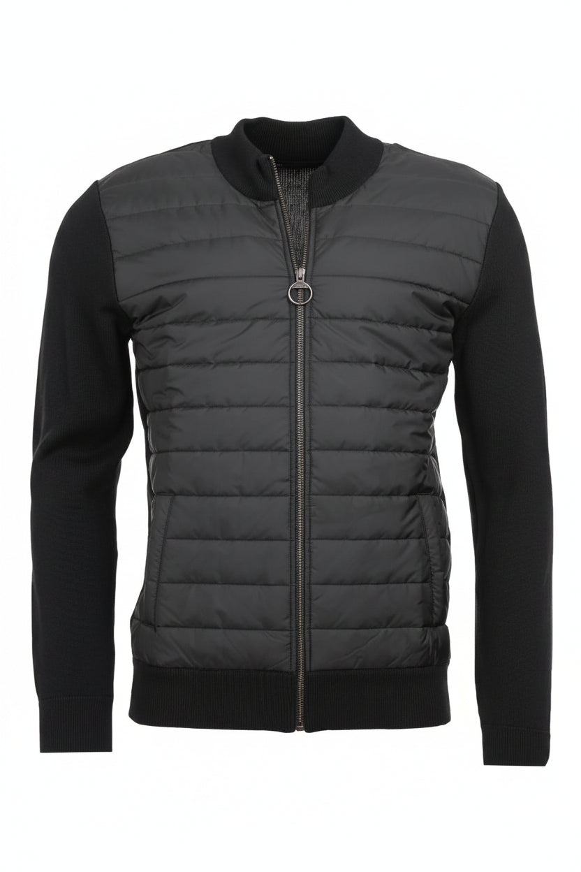 Barbour black quilted zip sweater with stand collar and full-length zipper