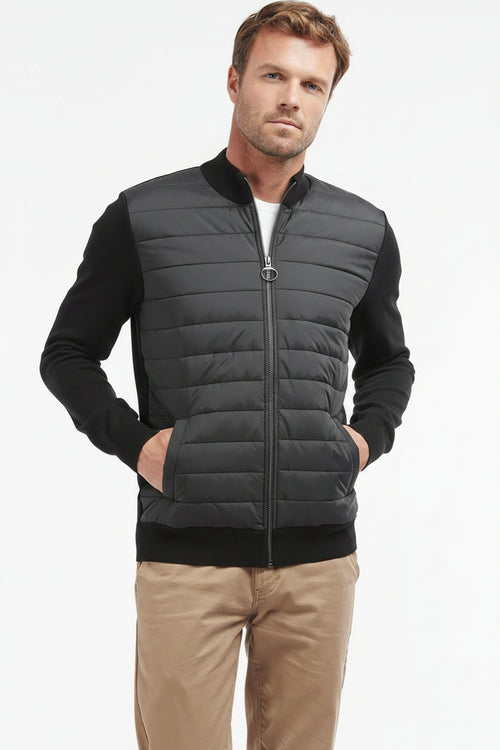 Barbour black quilted zip-through sweater with metal zipper and ribbed knit hem