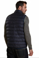 Men's navy quilted baffle gilet with full-length zip and stand collar