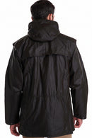Men's wax jacket with hood, back view, full zip and side pockets, dark.