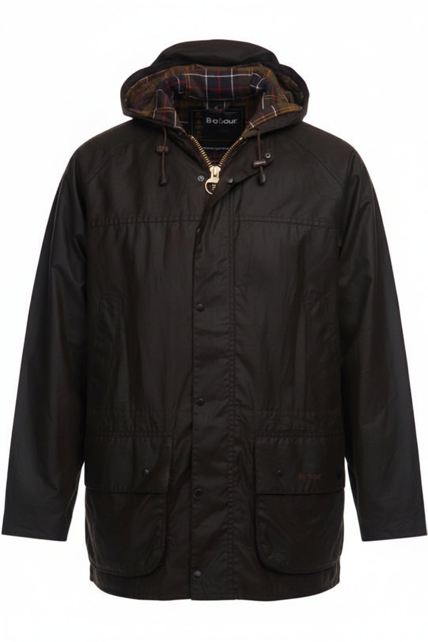 Men's wax jacket with hood, full zip front, plaid-lined hood, dark.