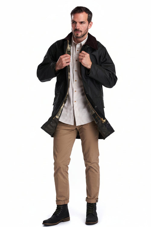 Men's dark wax border jacket, brown corduroy collar, snap buttons, side pockets