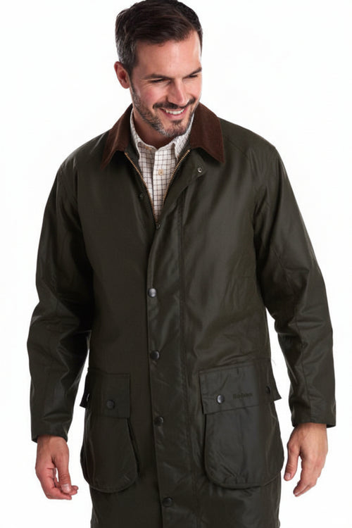Men's dark wax border jacket with four-button front and flap pockets
