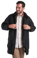 Men's dark wax border jacket worn open, brown corduroy collar, flap side pockets