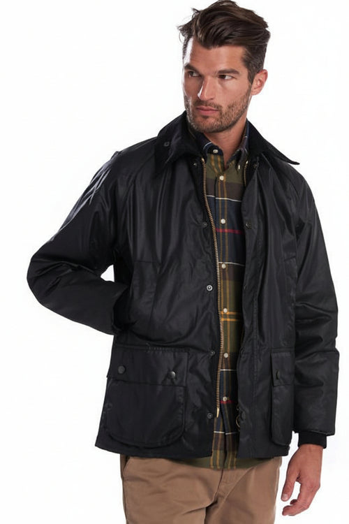 Men's Barbour waxed Bedale jacket, black; front zip, button placket, two pockets
