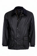 Men's Barbour waxed Bedale jacket, black; front view with zip and button fastening