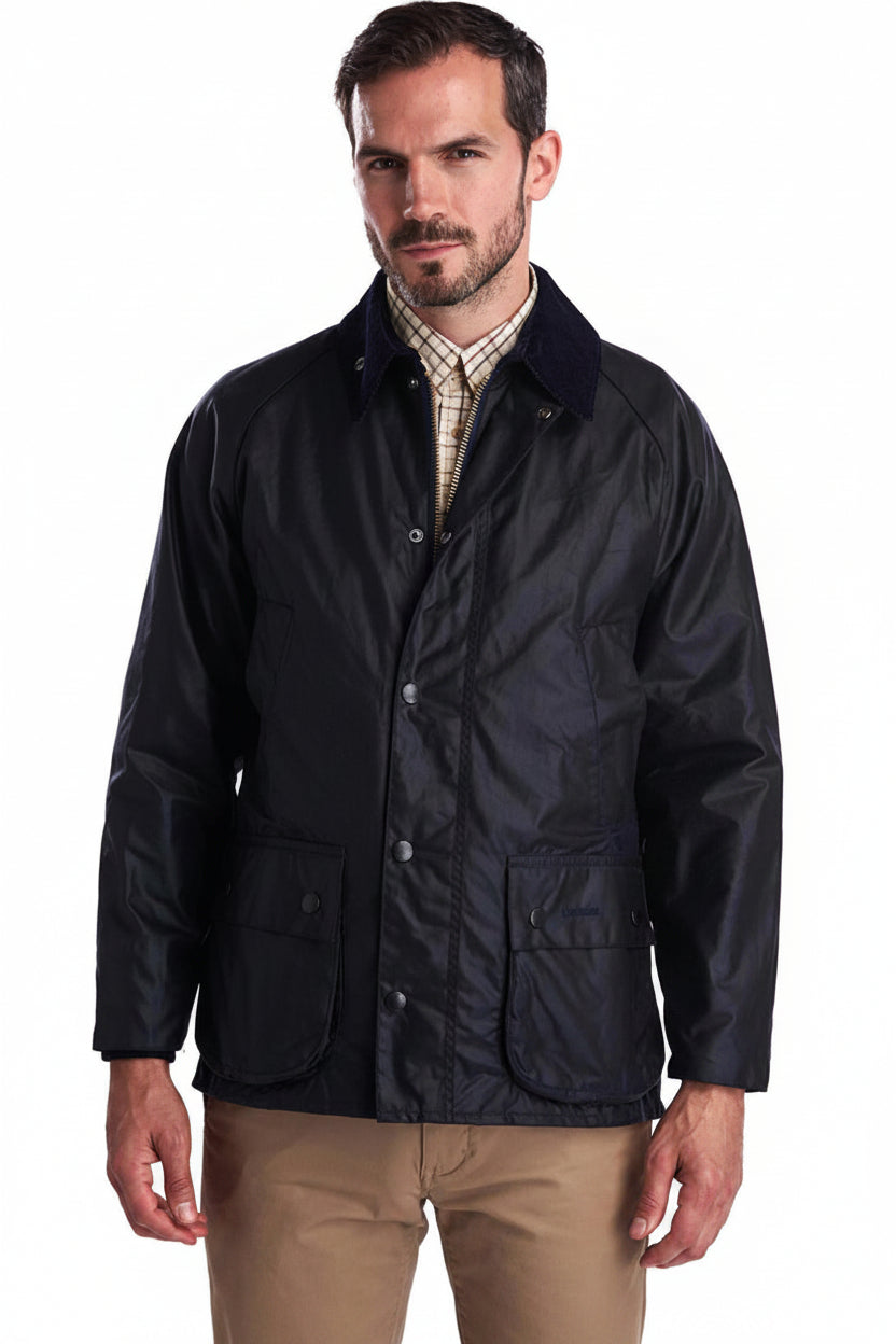 Men's navy waxed Bedale-style jacket with front snap placket and flap pockets
