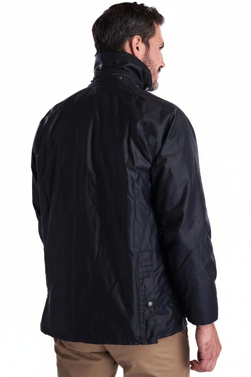 Men's navy waxed Bedale-style jacket, rear view with buttoned placket
