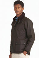 Men's dark olive waxed jacket, corduroy collar, button-front and flap pockets